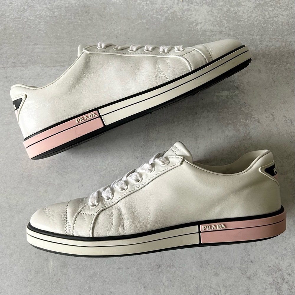 PRADA Womens Vitello Soft 3 Low Profile White/Pink Leather Sneakers, 37.5 - Picture 5 of 13